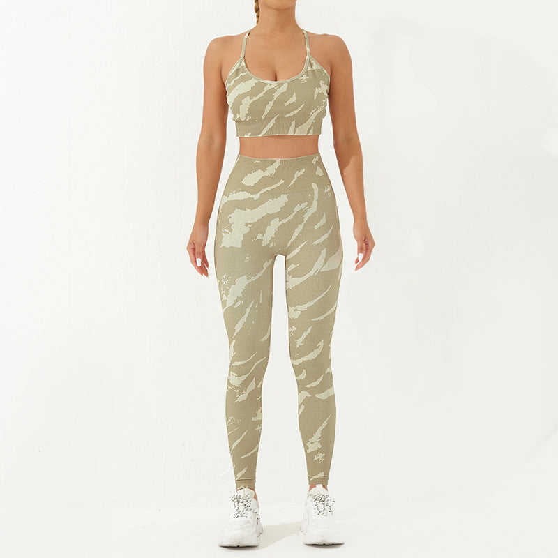 Ensemble de 2 pièces de Buddha Stones imprimé camouflage dos nu bretelles croisées haut soutien-gorge short leggings pantalon fitness yoga tenue - Jaune-vert - 2 pièces (haut et pantalon) - US8-10，UK/AU12-14，EU40-42 (L) - image 7