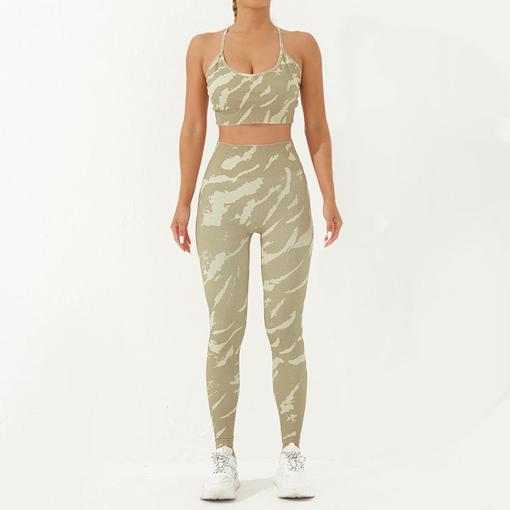 Ensemble de 2 pièces de Buddha Stones imprimé camouflage dos nu bretelles croisées haut soutien-gorge short leggings pantalon fitness yoga tenue - Jaune-vert - 2 pièces (haut et pantalon) - US8-10，UK/AU12-14，EU40-42 (L) - image 7