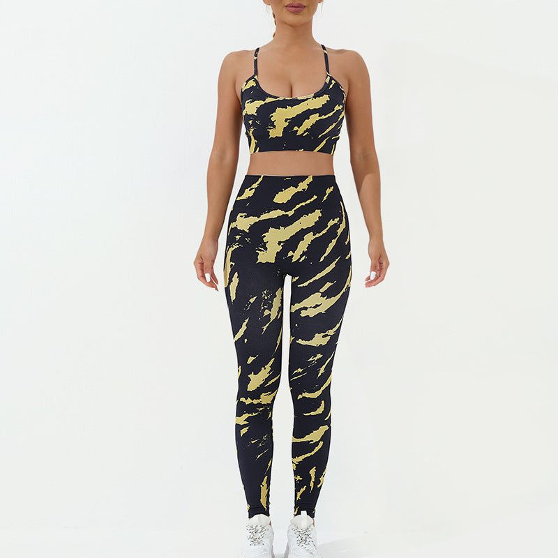Ensemble de 2 pièces de Buddha Stones imprimé camouflage dos nu bretelles croisées haut soutien-gorge short leggings pantalon fitness yoga tenue - Jaune Noir - Ensemble 2 pièces (haut et pantalon) - US8-10，UK/AU12-14，EU40-42 (L) - image 3