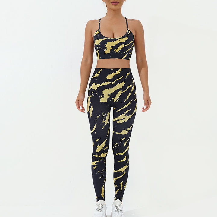 Ensemble de 2 pièces de Buddha Stones imprimé camouflage dos nu bretelles croisées haut soutien-gorge short leggings pantalon fitness yoga tenue - Jaune Noir - Ensemble 2 pièces (haut et pantalon) - US8-10，UK/AU12-14，EU40-42 (L) - image 3