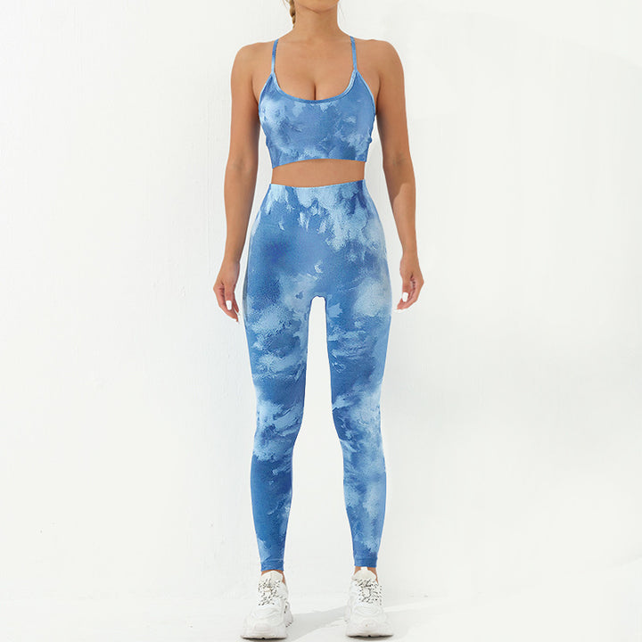 Ensemble de 2 pièces de Buddha Stones imprimé camouflage dos nu bretelles croisées haut soutien-gorge short leggings pantalon fitness yoga tenue - Bleu - Ensemble 2 pièces (haut et pantalon) - US8-10，UK/AU12-14，EU40-42 (L) - image 18