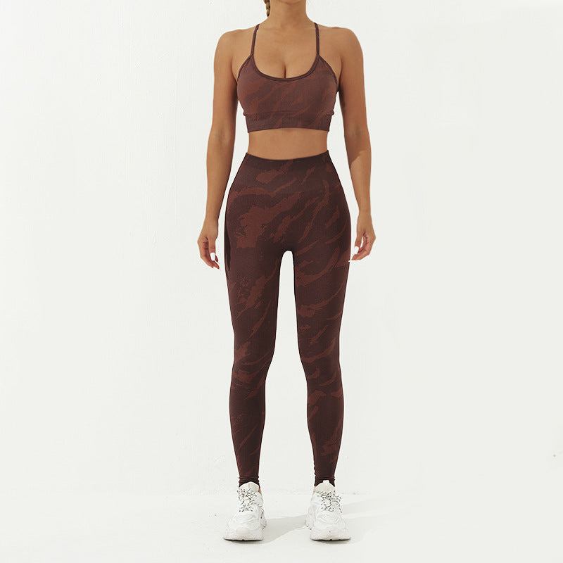 Ensemble de 2 pièces de Buddha Stones imprimé camouflage dos nu bretelles croisées haut soutien-gorge short leggings pantalon fitness yoga tenue - Brun - 2 pièces (haut et pantalon) - US8-10，UK/AU12-14，EU40-42 (L) - image 9
