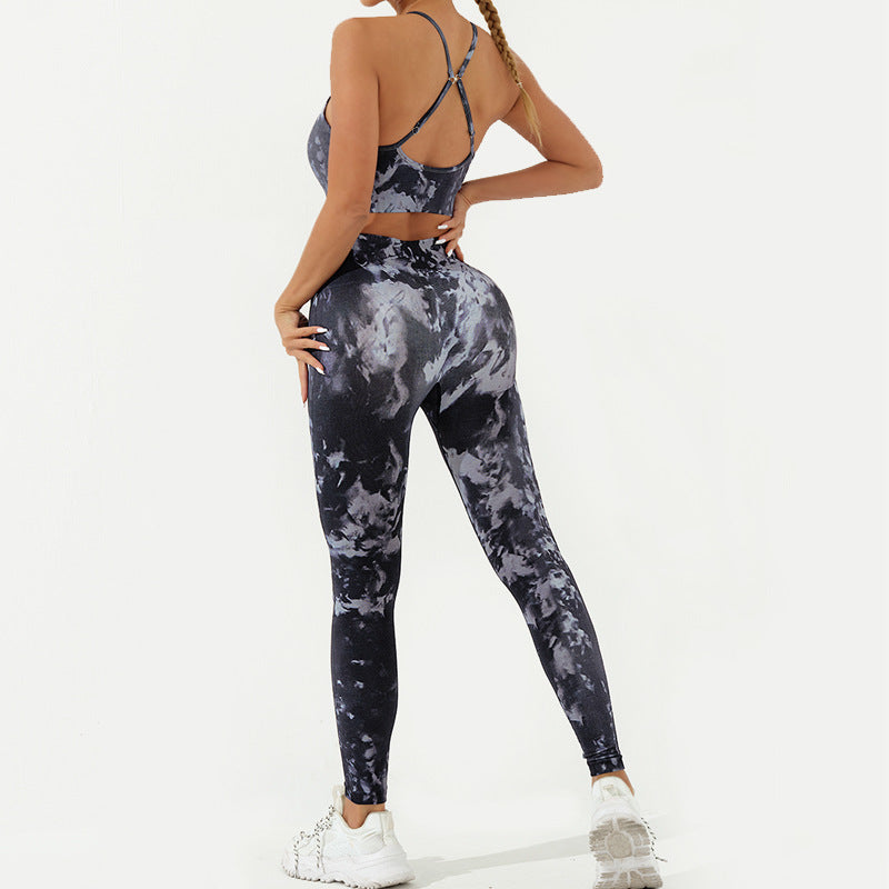 Ensemble de 2 pièces de Buddha Stones imprimé camouflage dos nu bretelles croisées haut soutien-gorge short leggings pantalon fitness yoga tenue - Noir Gris - 2 pièces (haut et pantalon) - US8-10，UK/AU12-14，EU40-42 (L) - image 11