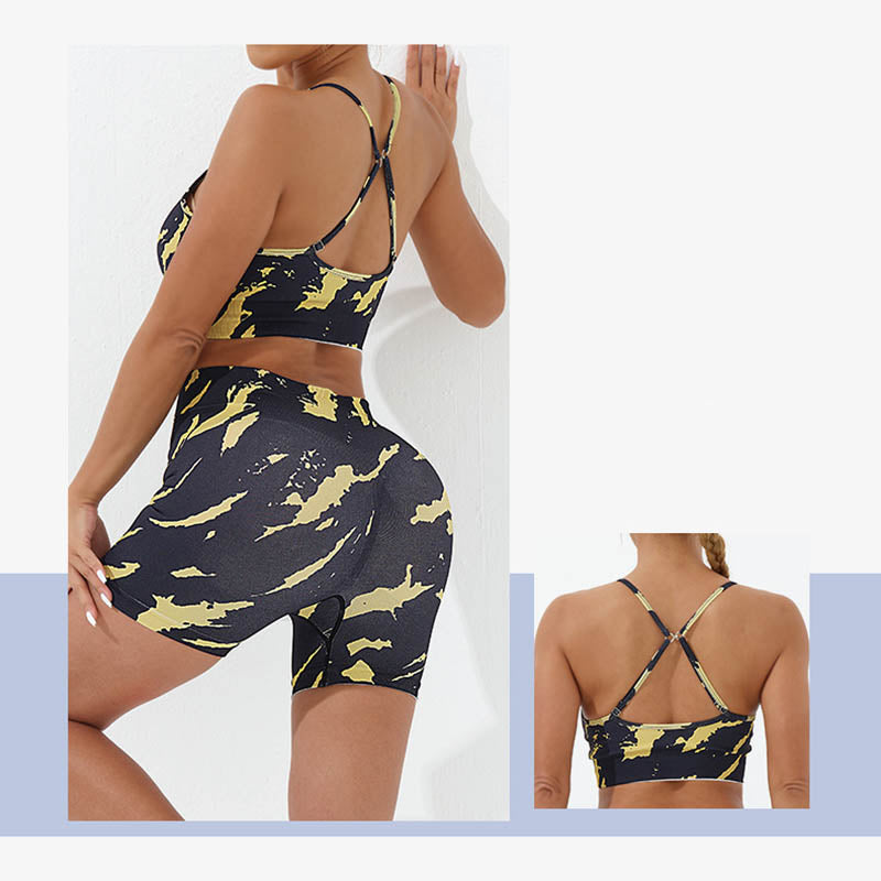 Ensemble de 2 pièces de Buddha Stones imprimé camouflage dos nu bretelles croisées haut soutien-gorge short leggings pantalon fitness yoga tenue - image 2