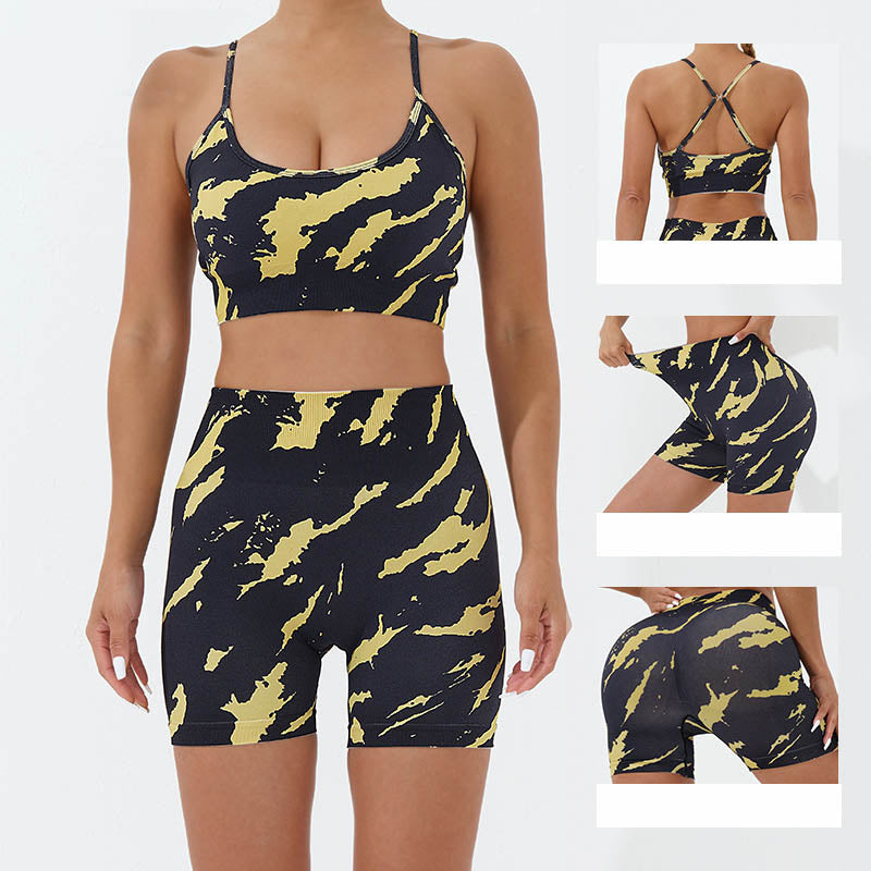 Ensemble de 2 pièces de Buddha Stones imprimé camouflage dos nu bretelles croisées haut soutien-gorge short leggings pantalon fitness yoga tenue - image 1