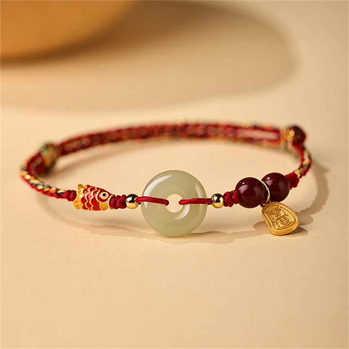 Bracelet porte-bonheur en argent sterling 925 Buddha Stones et poisson Koi en jade Hetian
