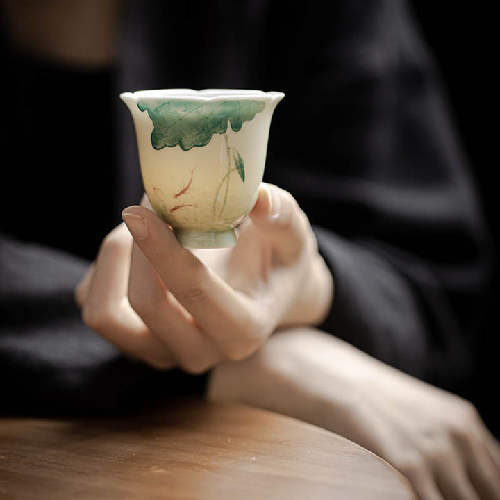 Tasse à thé en céramique motif feuilles de lotus poisson Koi Buddha Stones Tasse à thé Kung Fu 65 ml