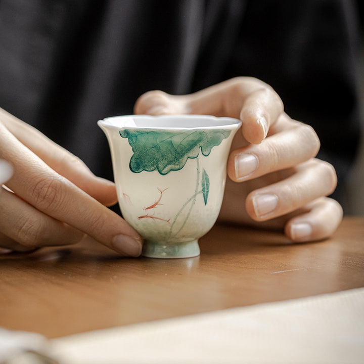 Tasse à thé en céramique motif feuilles de lotus poisson Koi Buddha Stones Tasse à thé Kung Fu 65 ml