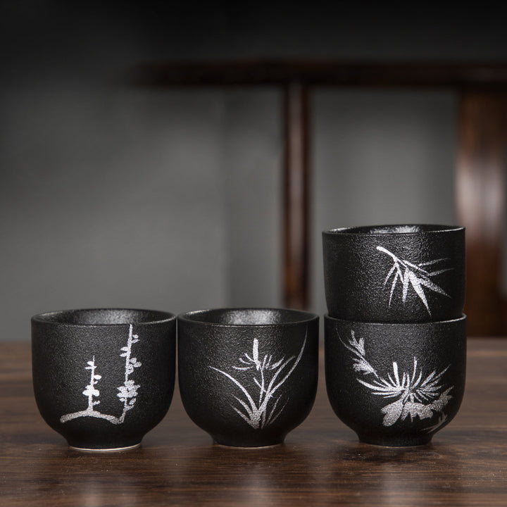 Buddha Stones peintes à la main fleur de lotus bambou chrysanthème poterie noire tasse à thé en céramique tasse à thé Kung Fu 95 ml
