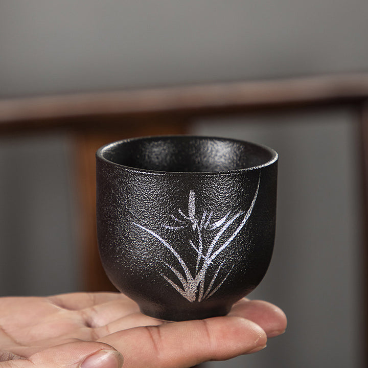 Buddha Stones peintes à la main fleur de lotus bambou chrysanthème poterie noire tasse à thé en céramique tasse à thé Kung Fu 95 ml