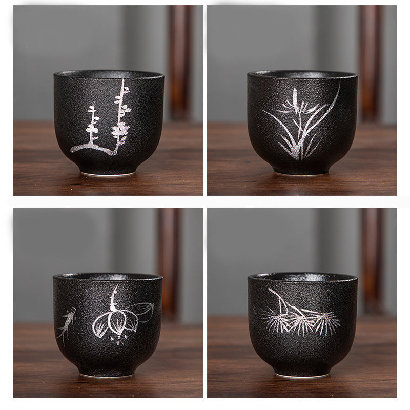Buddha Stones peintes à la main fleur de lotus bambou chrysanthème poterie noire tasse à thé en céramique tasse à thé Kung Fu 95 ml