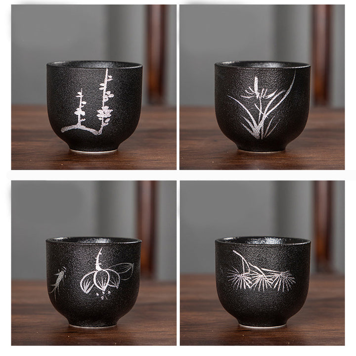 Buddha Stones peintes à la main fleur de lotus bambou chrysanthème poterie noire tasse à thé en céramique tasse à thé Kung Fu 95 ml