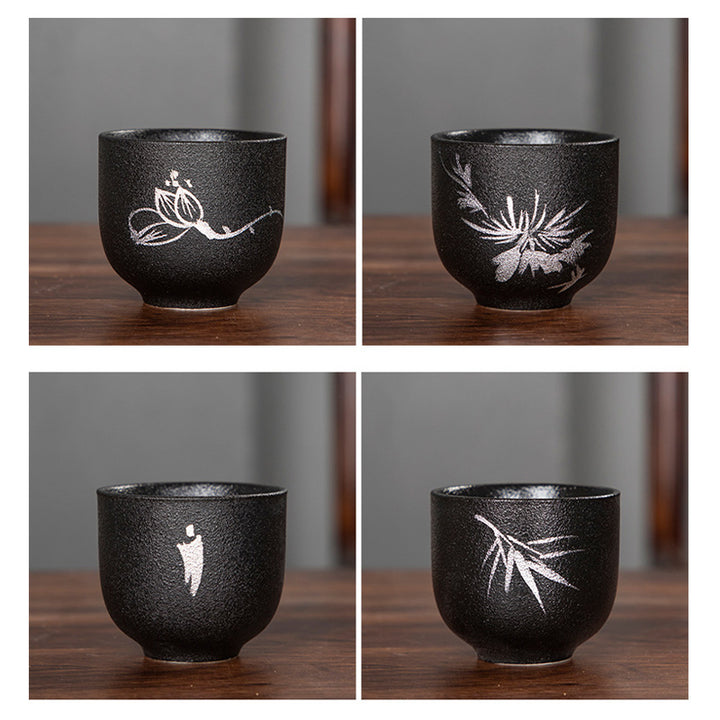 Buddha Stones peintes à la main fleur de lotus bambou chrysanthème poterie noire tasse à thé en céramique tasse à thé Kung Fu 95 ml