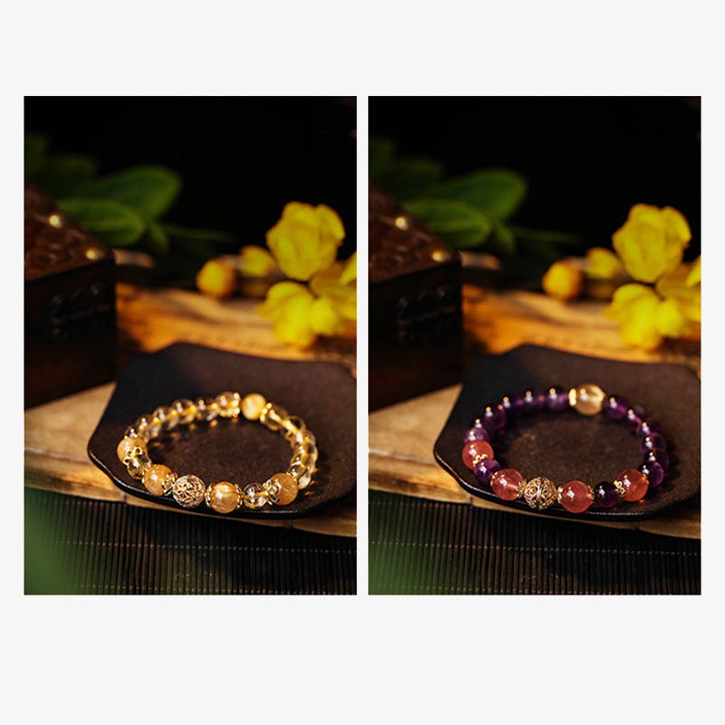Bracelet de protection de la prospérité en quartz rutile et améthyste naturelle de Buddha Stones