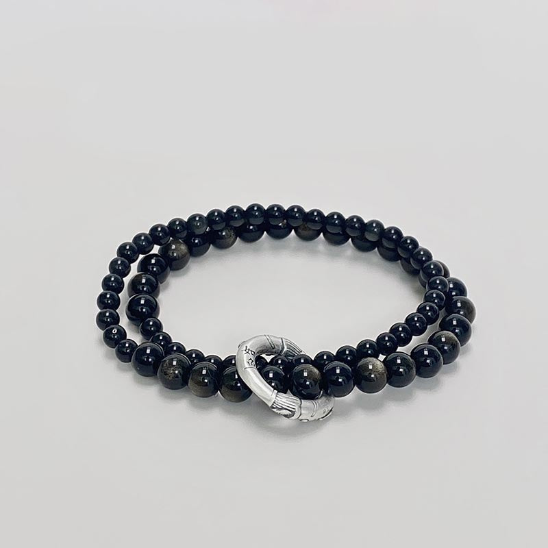 Bracelet double couche en obsidienne noire en argent sterling 999 de Buddha Stones - Obsidienne noire (tour de poignet 14-16 cm) - image 0