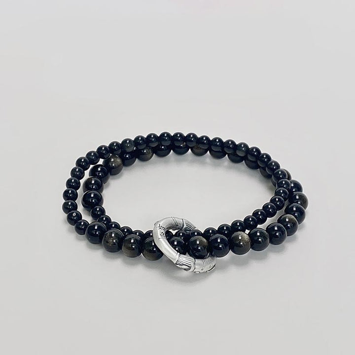 Bracelet double couche en obsidienne noire en argent sterling 999 de Buddha Stones - Obsidienne noire (tour de poignet 14-16 cm) - image 0