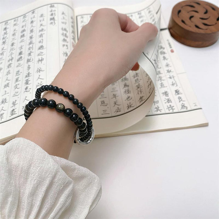 Bracelet double couche en obsidienne noire en argent sterling 999 de Buddha Stones