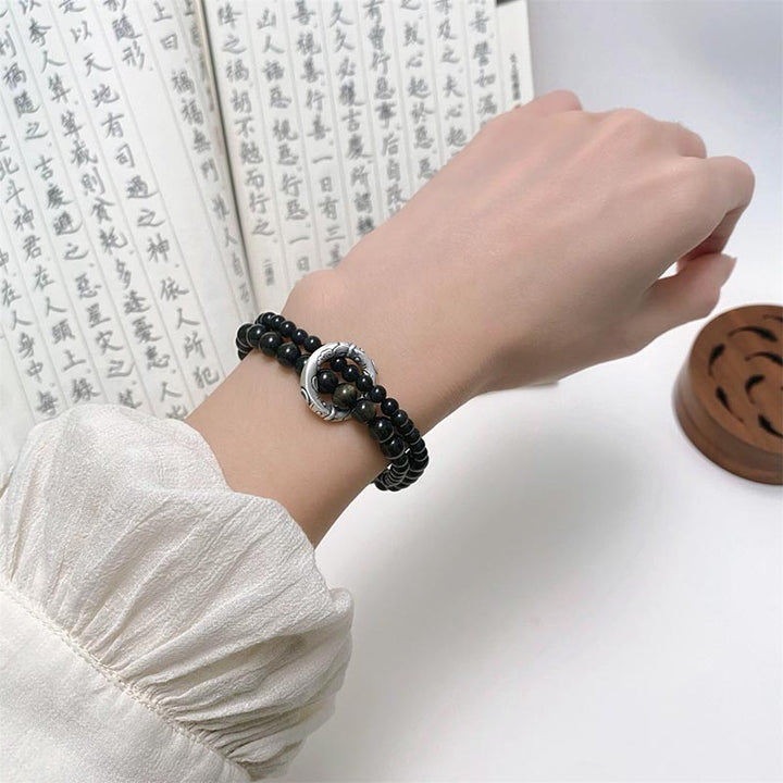 Bracelet double couche en obsidienne noire en argent sterling 999 de Buddha Stones