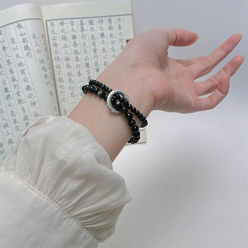 Bracelet double couche en obsidienne noire en argent sterling 999 de Buddha Stones