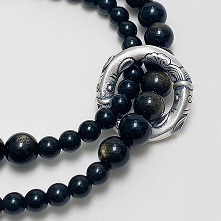 Bracelet double couche en obsidienne noire en argent sterling 999 de Buddha Stones