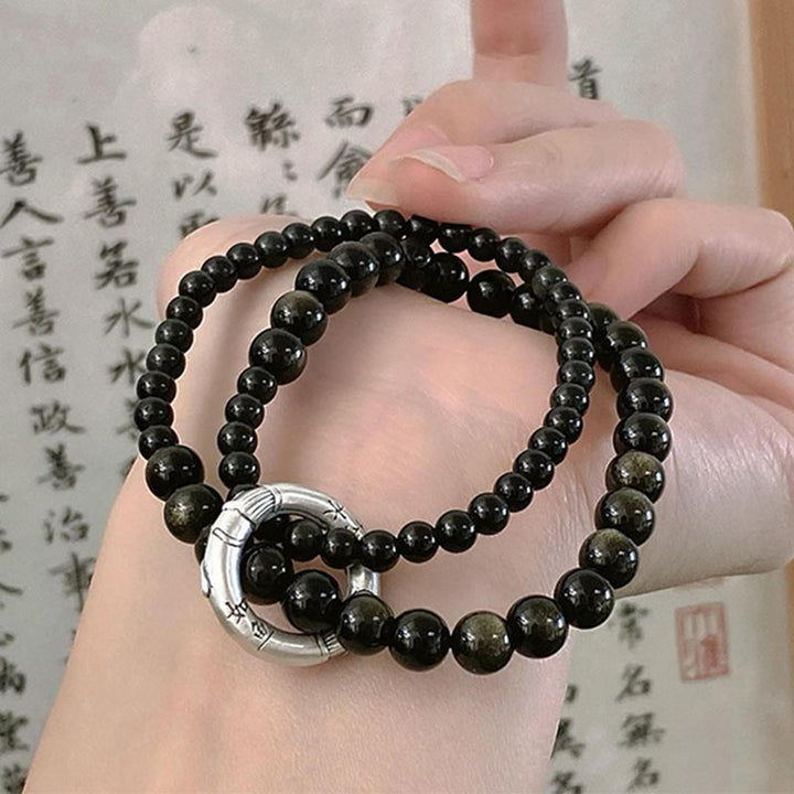 Bracelet double couche en obsidienne noire en argent sterling 999 de Buddha Stones