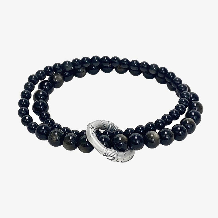 Bracelet double couche en obsidienne noire en argent sterling 999 de Buddha Stones