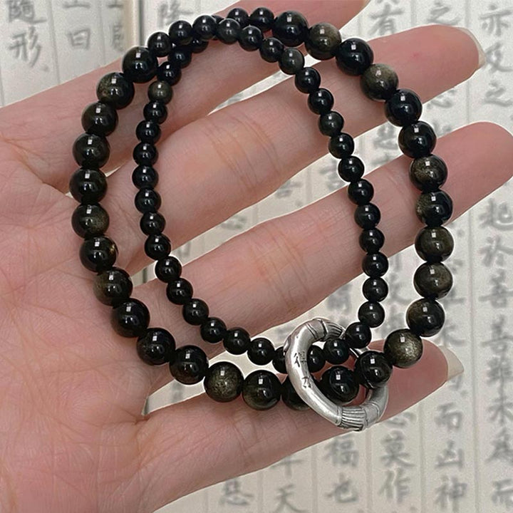 Bracelet double couche en obsidienne noire en argent sterling 999 de Buddha Stones