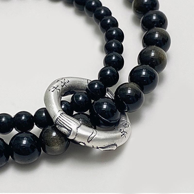 Bracelet double couche en obsidienne noire en argent sterling 999 de Buddha Stones