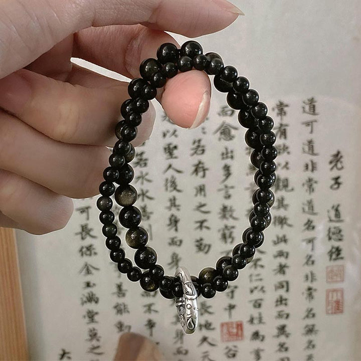 Bracelet double couche en obsidienne noire en argent sterling 999 de Buddha Stones