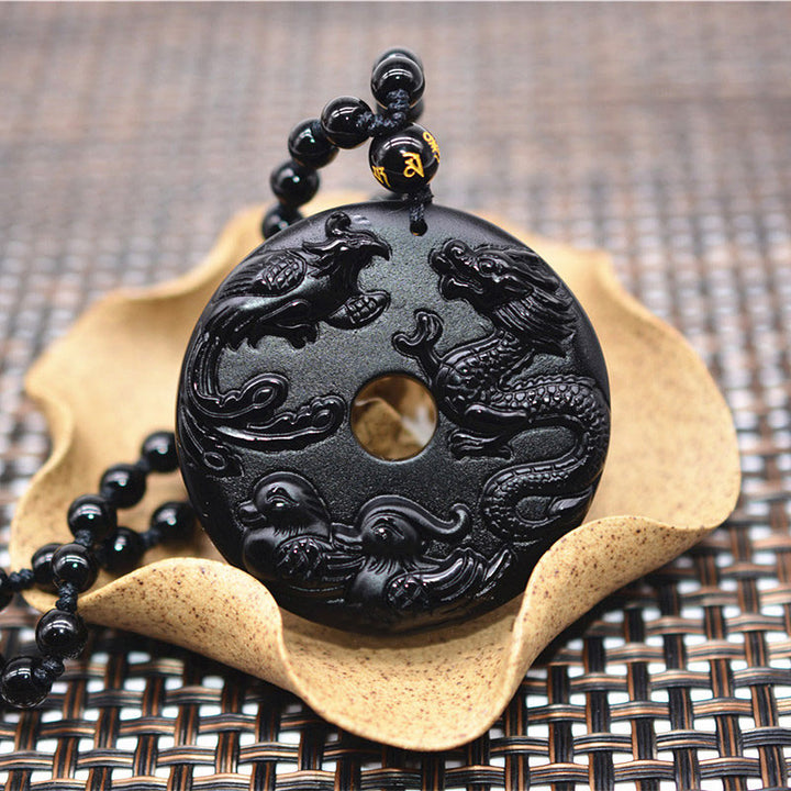 Collier pendentif protection chance canard mandarin dragon phénix obsidienne noire Buddha Stones