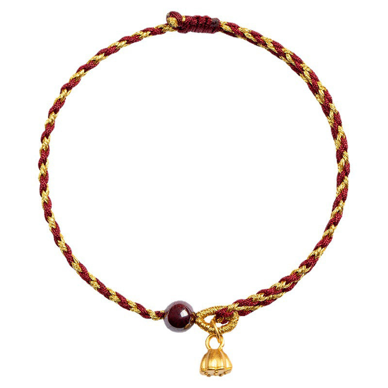 Bracelet tressé en corde d'or rouge fabriqué à la main par Buddha Stones avec breloque Lotus Peace And Joy