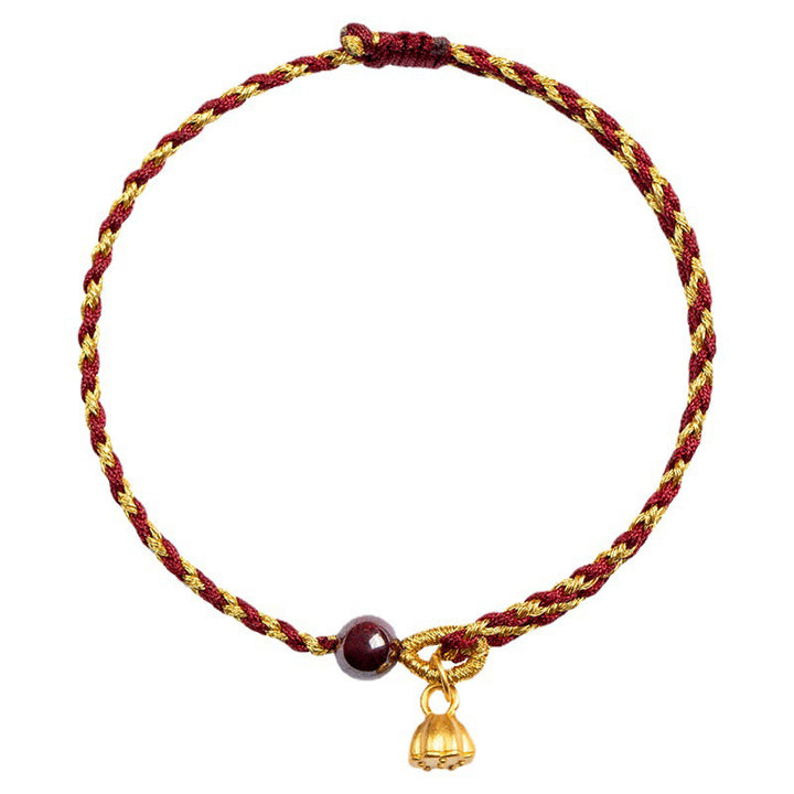 Bracelet tressé en corde d'or rouge fabriqué à la main par Buddha Stones avec breloque Lotus Peace And Joy