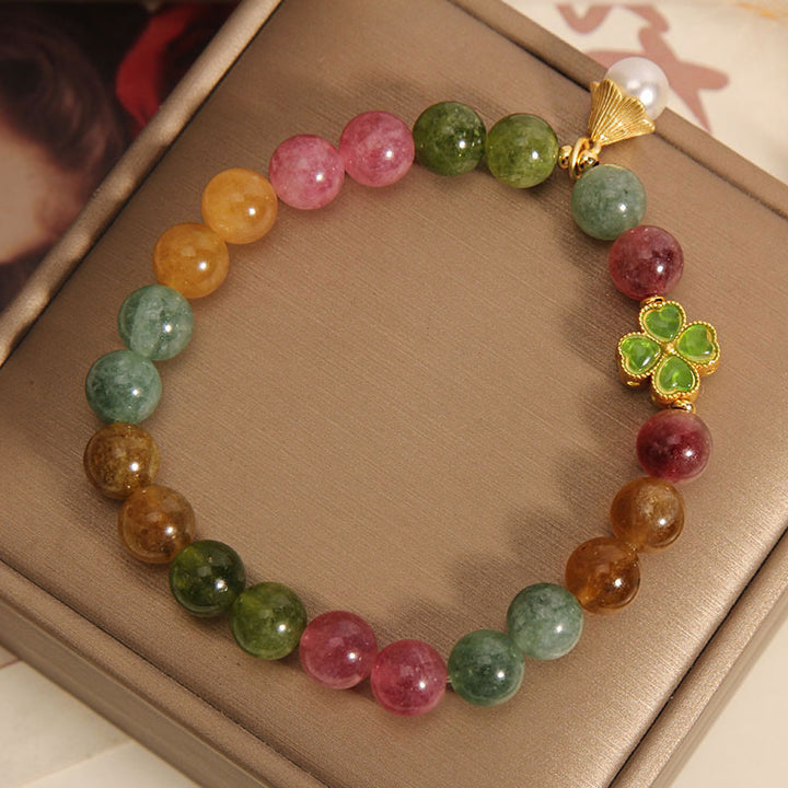 Bracelet de sagesse en forme de trèfle à quatre feuilles avec tourmaline colorée et Buddha Stones