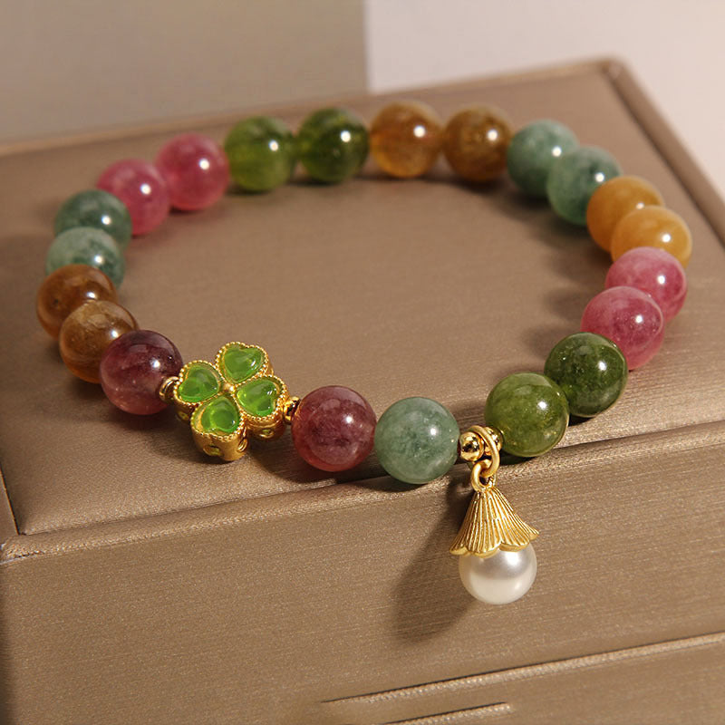 Bracelet de sagesse en forme de trèfle à quatre feuilles avec tourmaline colorée et Buddha Stones