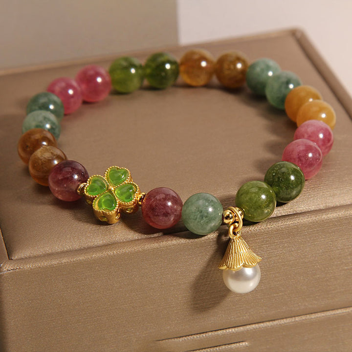 Bracelet de sagesse en forme de trèfle à quatre feuilles avec tourmaline colorée et Buddha Stones