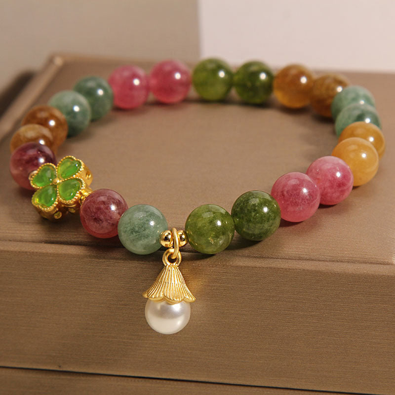 Bracelet de sagesse en forme de trèfle à quatre feuilles avec tourmaline colorée et Buddha Stones