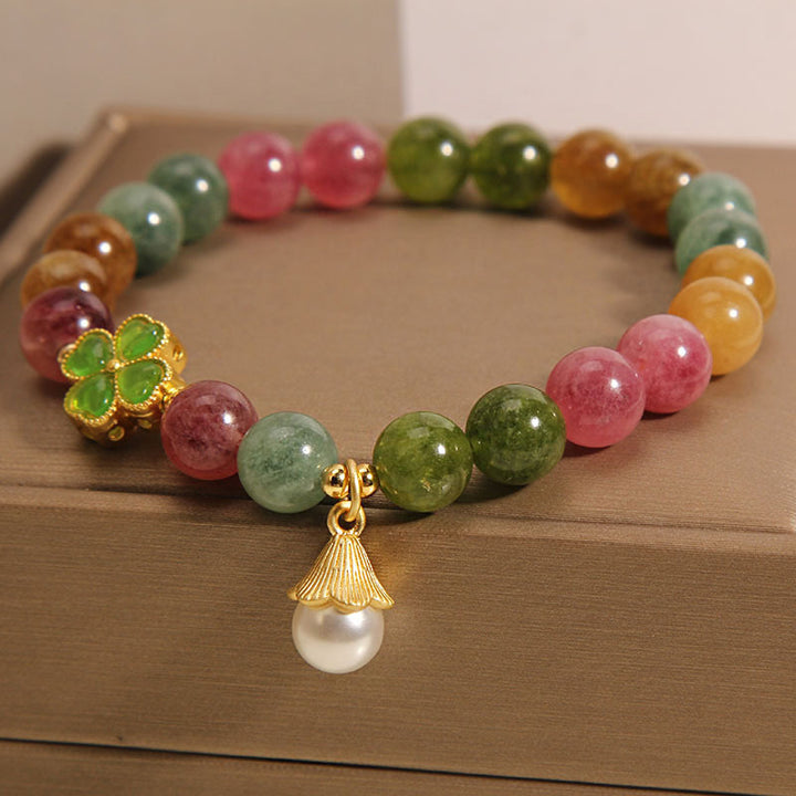 Bracelet de sagesse en forme de trèfle à quatre feuilles avec tourmaline colorée et Buddha Stones