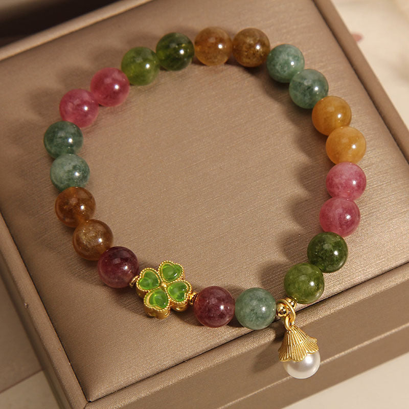 Bracelet de sagesse en forme de trèfle à quatre feuilles avec tourmaline colorée et Buddha Stones