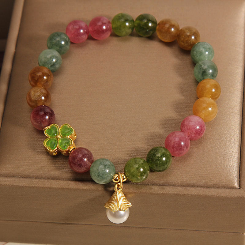 Bracelet de sagesse en forme de trèfle à quatre feuilles avec tourmaline colorée et Buddha Stones