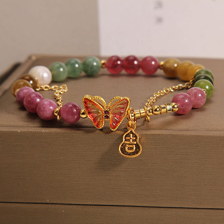 Bracelet à breloques positives en forme de gourde Buddha Stones en tourmaline colorée naturelle et papillon