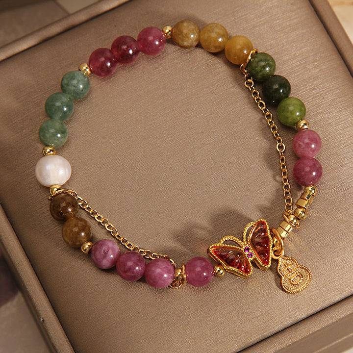Bracelet à breloques positives en forme de gourde Buddha Stones en tourmaline colorée naturelle et papillon
