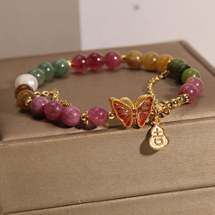Bracelet à breloques positives en forme de gourde Buddha Stones en tourmaline colorée naturelle et papillon