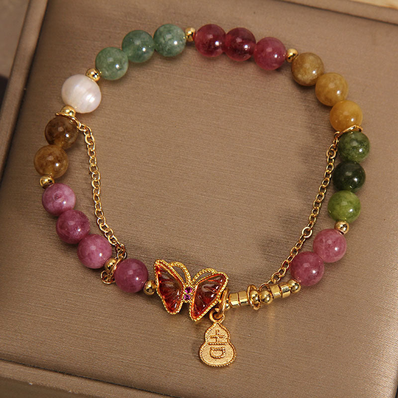 Bracelet à breloques positives en forme de gourde Buddha Stones en tourmaline colorée naturelle et papillon