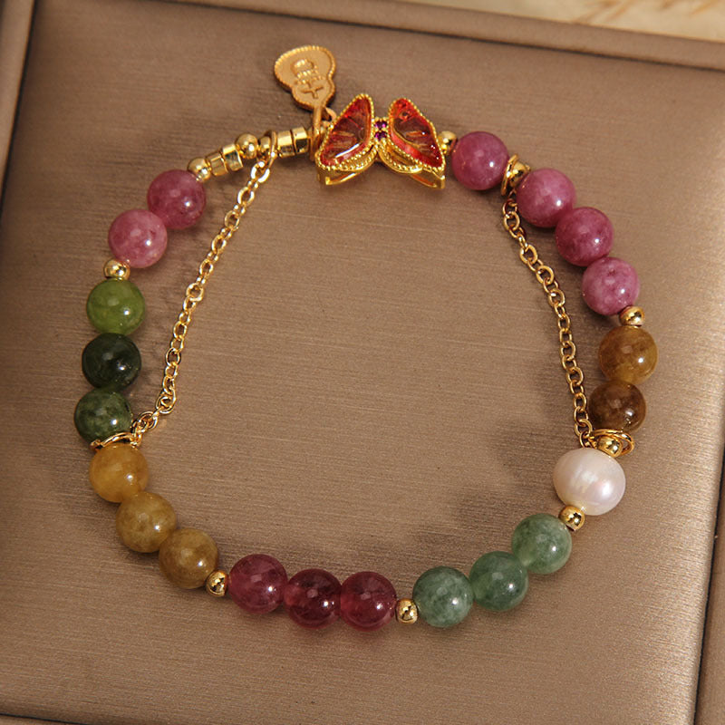 Bracelet à breloques positives en forme de gourde Buddha Stones en tourmaline colorée naturelle et papillon