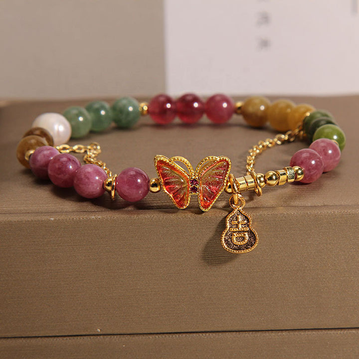 Bracelet à breloques positives en forme de gourde Buddha Stones en tourmaline colorée naturelle et papillon