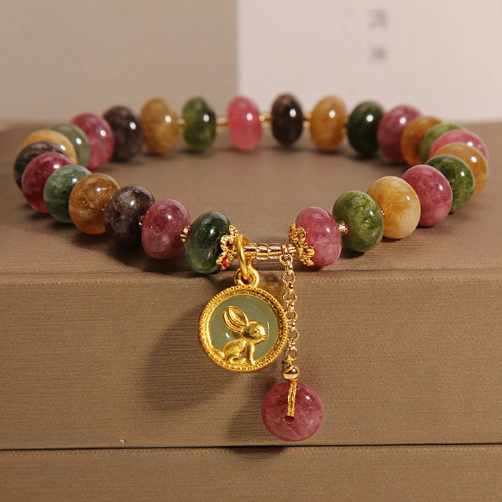 Bracelet à breloques en forme de lapin mignon avec tourmaline colorée naturelle et Buddha Stones