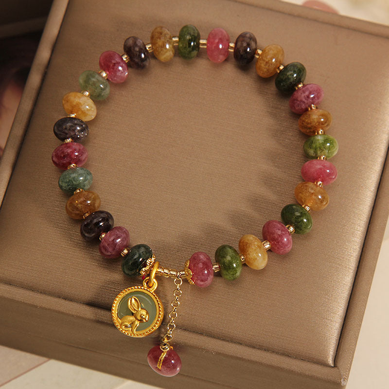 Bracelet à breloques en forme de lapin mignon avec tourmaline colorée naturelle et Buddha Stones