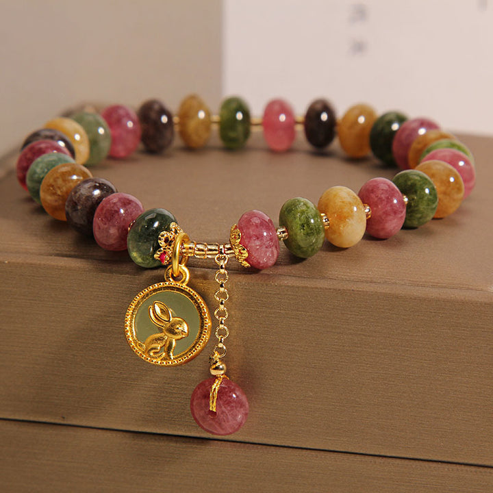 Bracelet à breloques en forme de lapin mignon avec tourmaline colorée naturelle et Buddha Stones