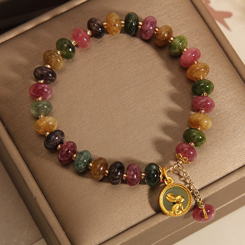 Bracelet à breloques en forme de lapin mignon avec tourmaline colorée naturelle et Buddha Stones