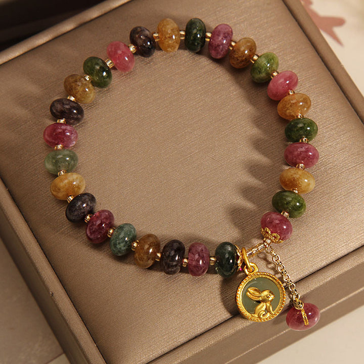 Bracelet à breloques en forme de lapin mignon avec tourmaline colorée naturelle et Buddha Stones